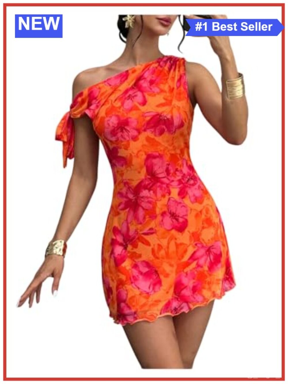 Womens One Shoulder Floral Bodycon Mini Dress Knot Ruffle Cocktail Party M
